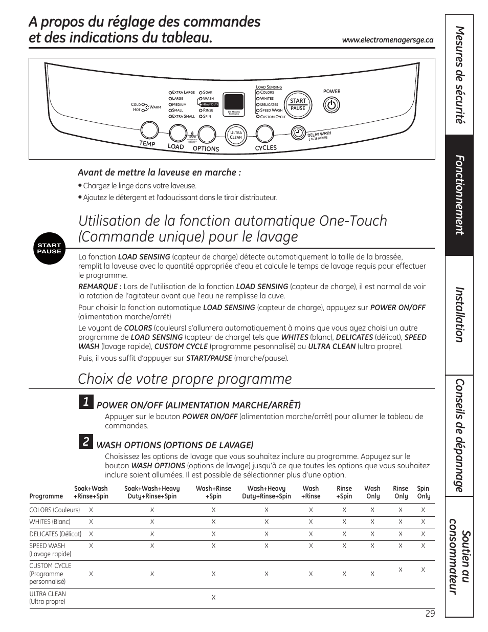 Caractéristiques et commandes, Caractéristiques et commandes , 30, Choix de votre propre programme | Power on/off (alimentation marche/arrêt), Wash options (options de lavage), Avant de mettre la laveuse en marche | GE WSLP1500 User Manual | Page 29 / 72