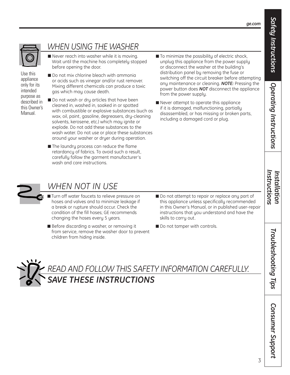 When using the washer | GE WSLP1500 User Manual | Page 3 / 72