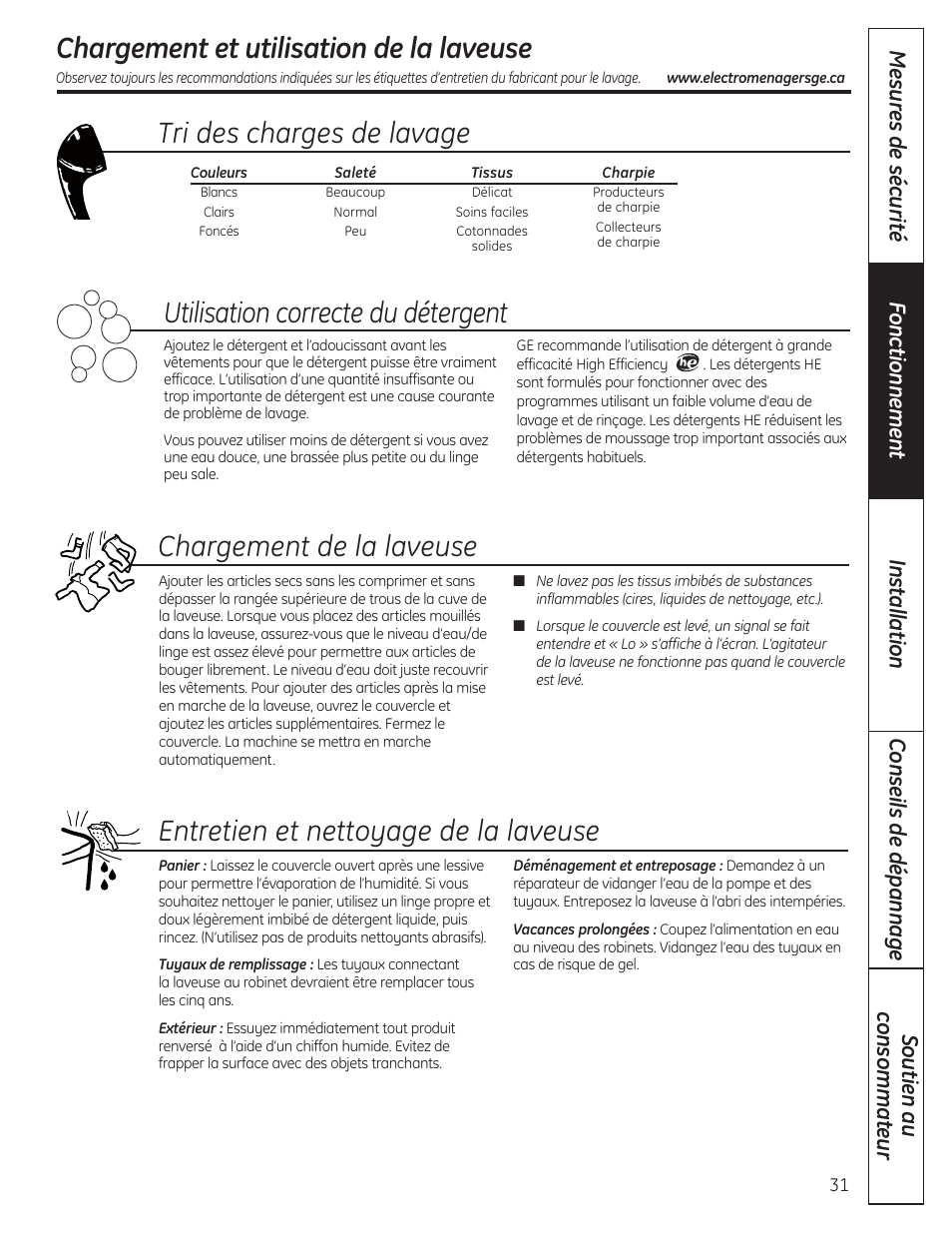 Chargement et utilisation de la laveuse, Chargement et utilisation de la laveuse , 32, Chargement de la laveuse | Entretien et nettoyage de la laveuse, Utilisation correcte du détergent, Tri des charges de lavage | GE WSLP1500 User Manual | Page 31 / 72