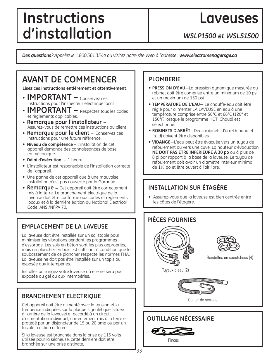 Exigences d’installation, Instructions laveuses d’installation, Avant de commencer | Important | GE WSLP1500 User Manual | Page 33 / 72