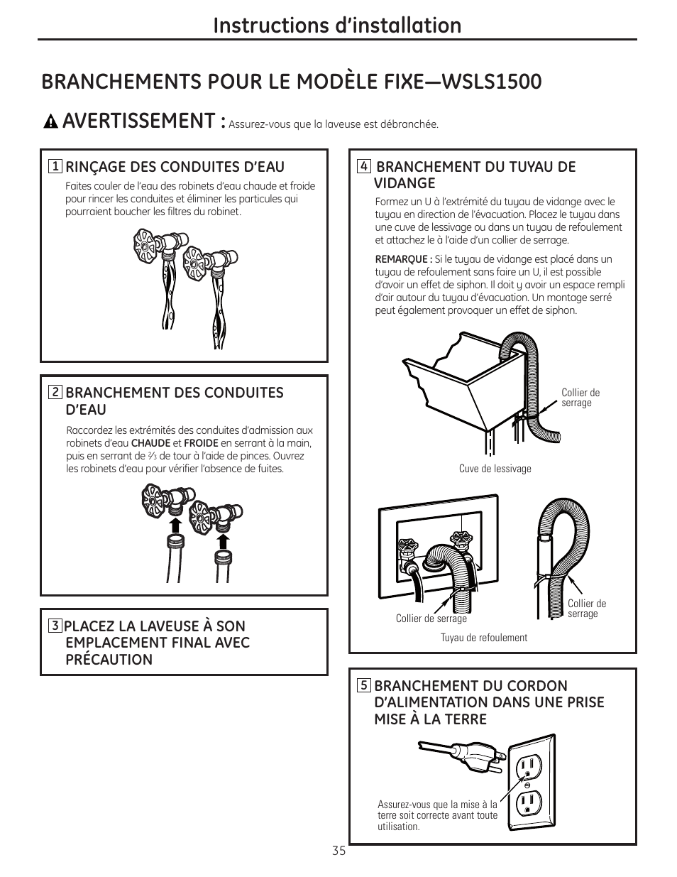 Branchements pour le modèle fixe, Branchements pour le modèle fixe , 36, Avertissement | Branchements pour le modèle fixe—wsls1500, Instructions d’installation | GE WSLP1500 User Manual | Page 35 / 72