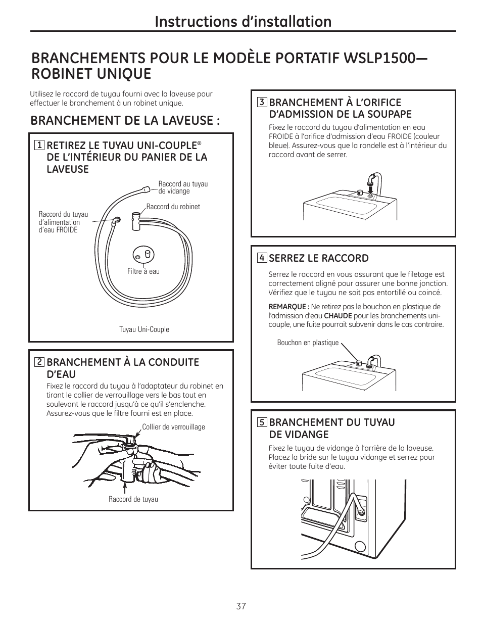 Branchements pour le modèle portatif, Branchements pour le modèle portatif –40, Instructions d’installation | Branchement de la laveuse | GE WSLP1500 User Manual | Page 37 / 72