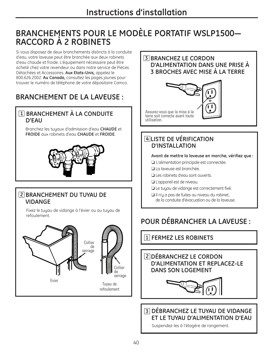 Instructions d’installation | GE WSLP1500 User Manual | Page 40 / 72