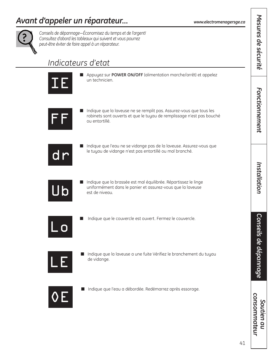 Avant d’appeler un technicien, Avant d’appeler un technicien –43, Indicateurs d’etat | Avant d’appeler un réparateur | GE WSLP1500 User Manual | Page 41 / 72