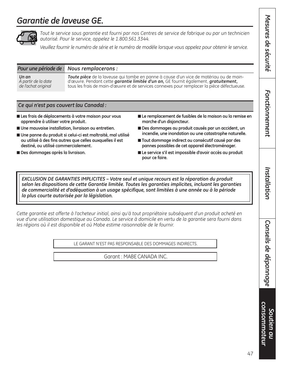 Garantie, Garantie de laveuse ge | GE WSLP1500 User Manual | Page 47 / 72