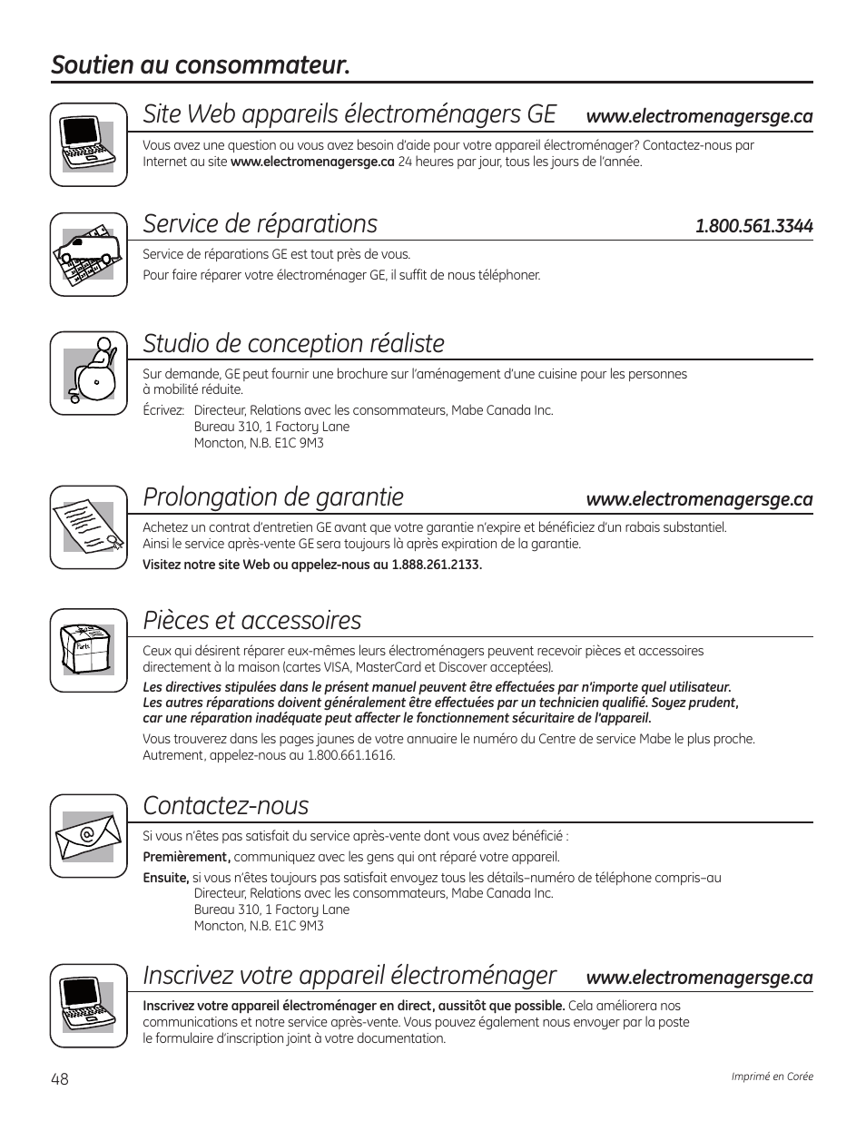 Soutien au consommateur, Service de réparations, Studio de conception réaliste | Prolongation de garantie, Pièces et accessoires, Contactez-nous, Inscrivez votre appareil électroménager | GE WSLP1500 User Manual | Page 48 / 72