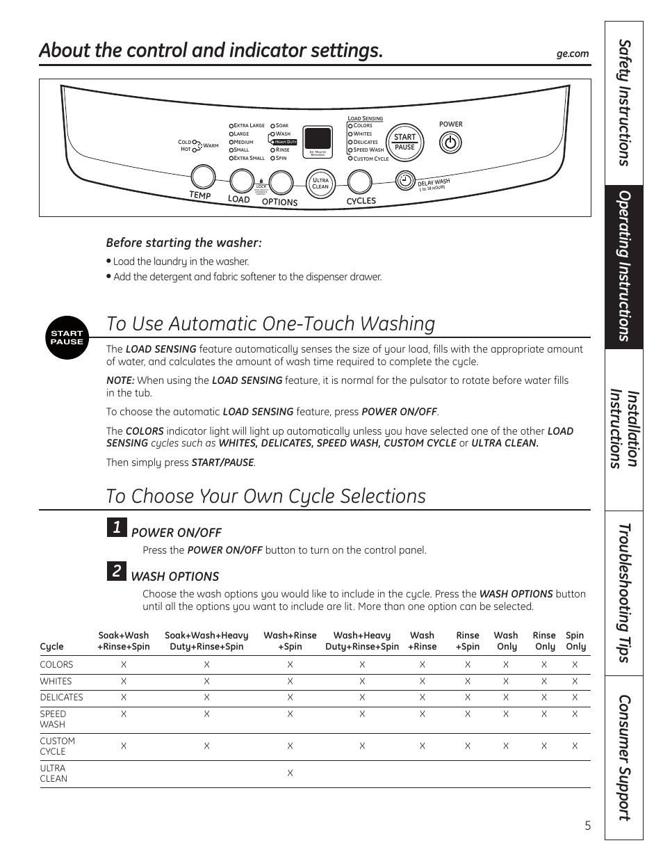 Control and indicator settings, Control and indicator settings , 6, About the control and indicator settings | Power on/off, Wash options, Before starting the washer | GE WSLP1500 User Manual | Page 5 / 72