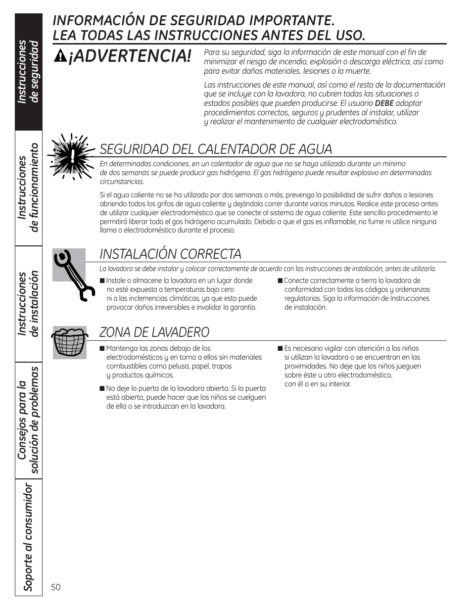 Información de seguridad, Advertencia, Seguridad del calentador de agua | Instalación correcta, Zona de lavadero | GE WSLP1500 User Manual | Page 50 / 72
