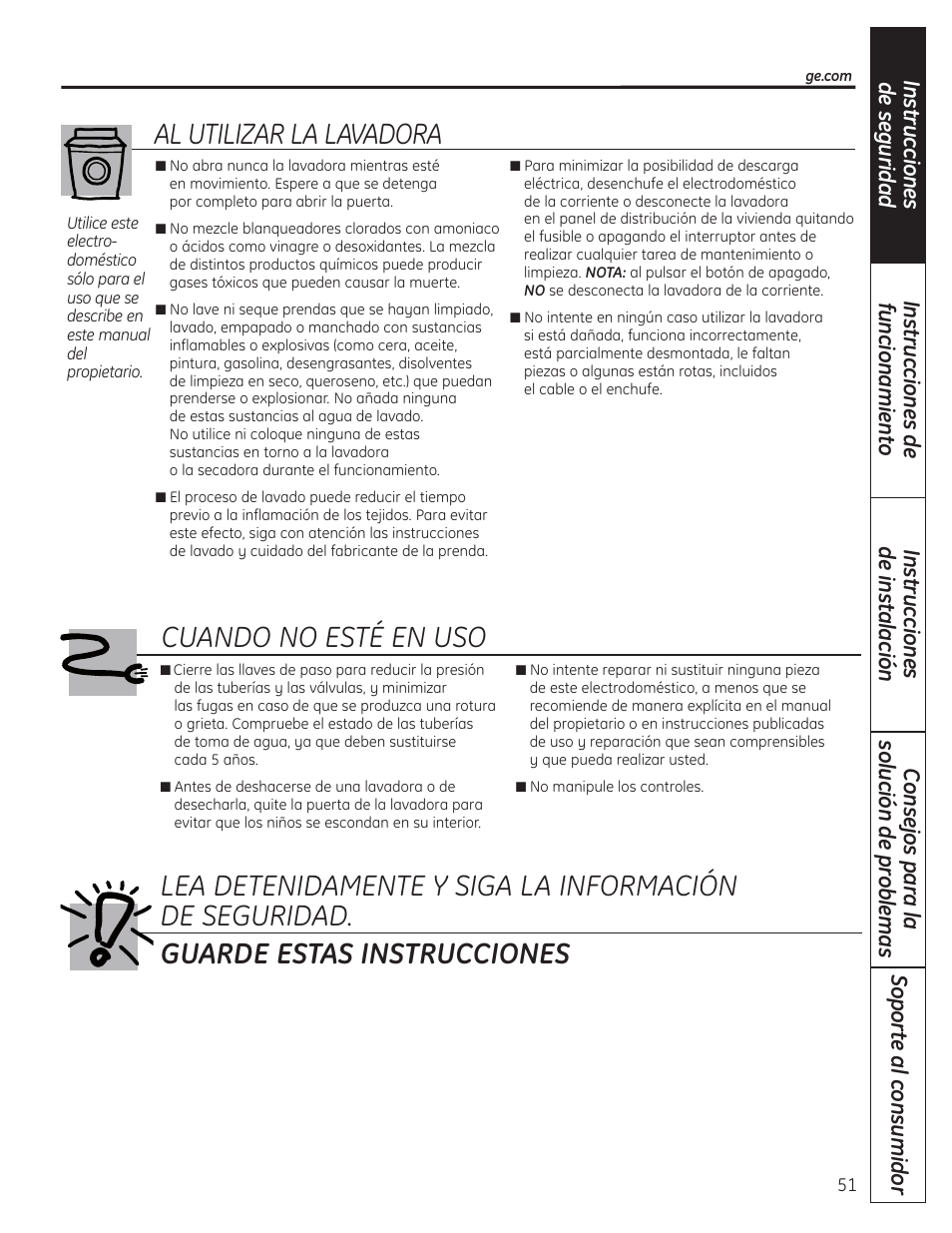 Al utilizar la lavadora, Cuando no esté en uso guarde estas instrucciones | GE WSLP1500 User Manual | Page 51 / 72