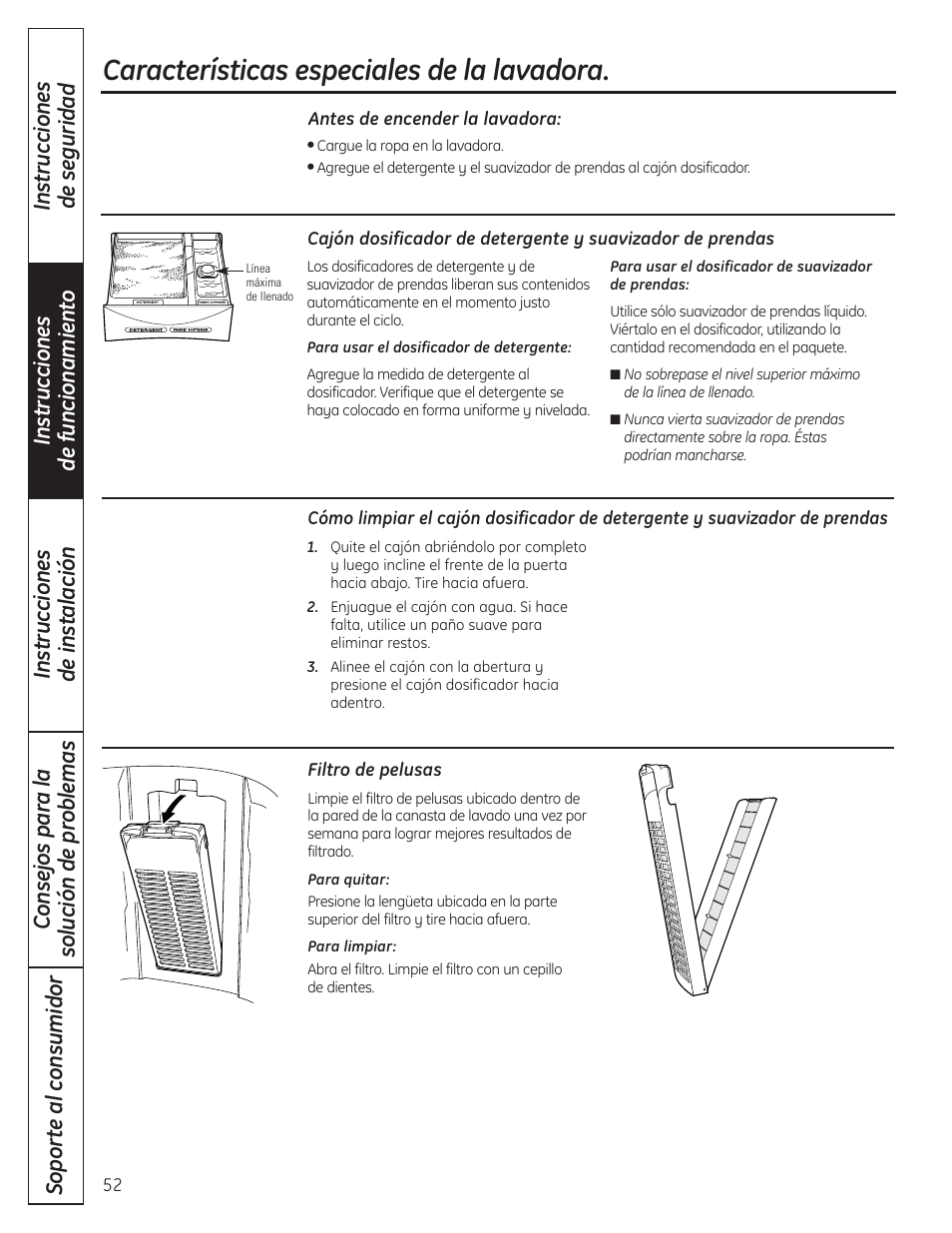 Características especiales de la lavadora | GE WSLP1500 User Manual | Page 52 / 72