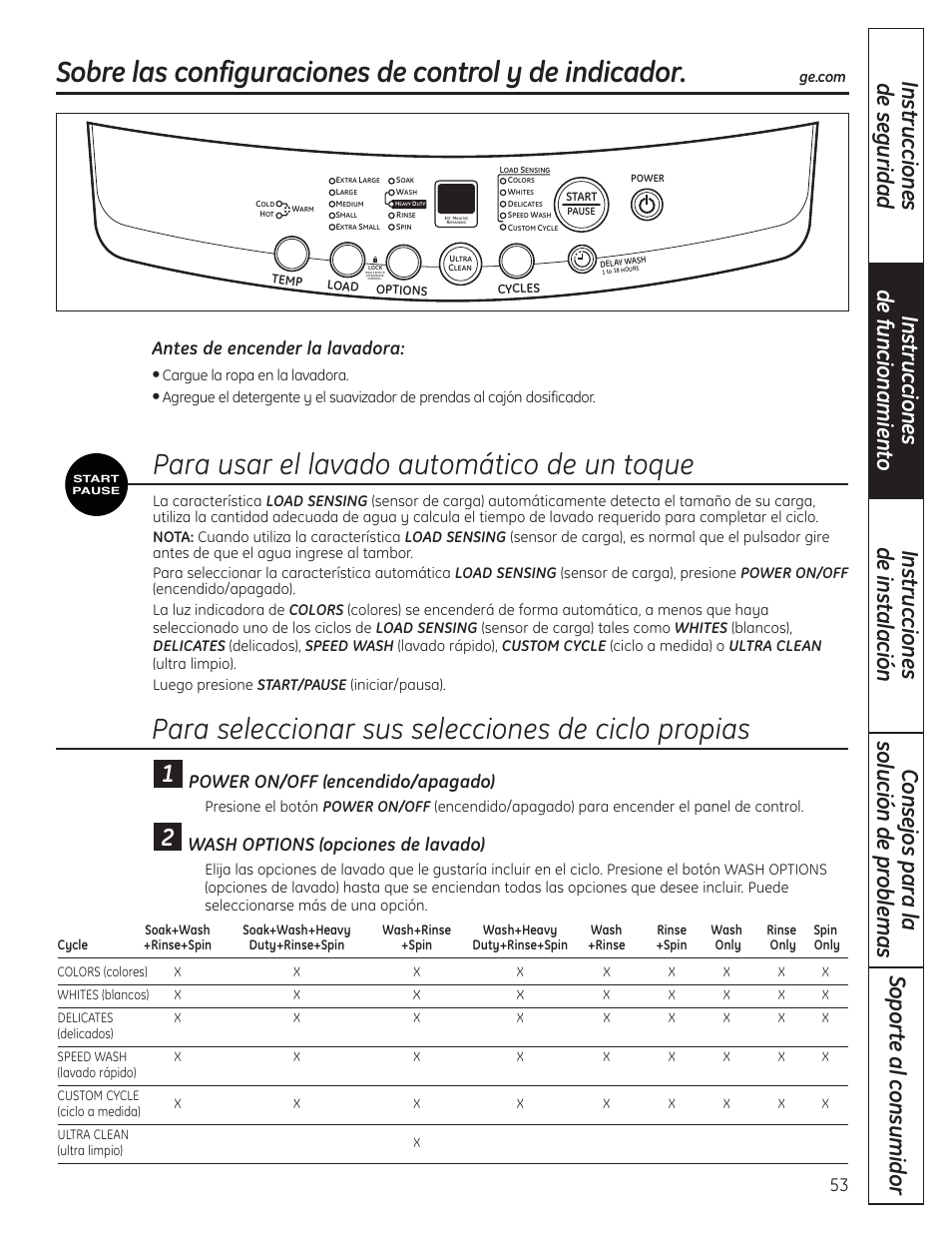 Configuraciones de control y de indicador, Configuraciones de control y de indicador , 54, Para usar el lavado automático de un toque | Para seleccionar sus selecciones de ciclo propias, Power on/off (encendido/apagado), Wash options (opciones de lavado), Antes de encender la lavadora | GE WSLP1500 User Manual | Page 53 / 72