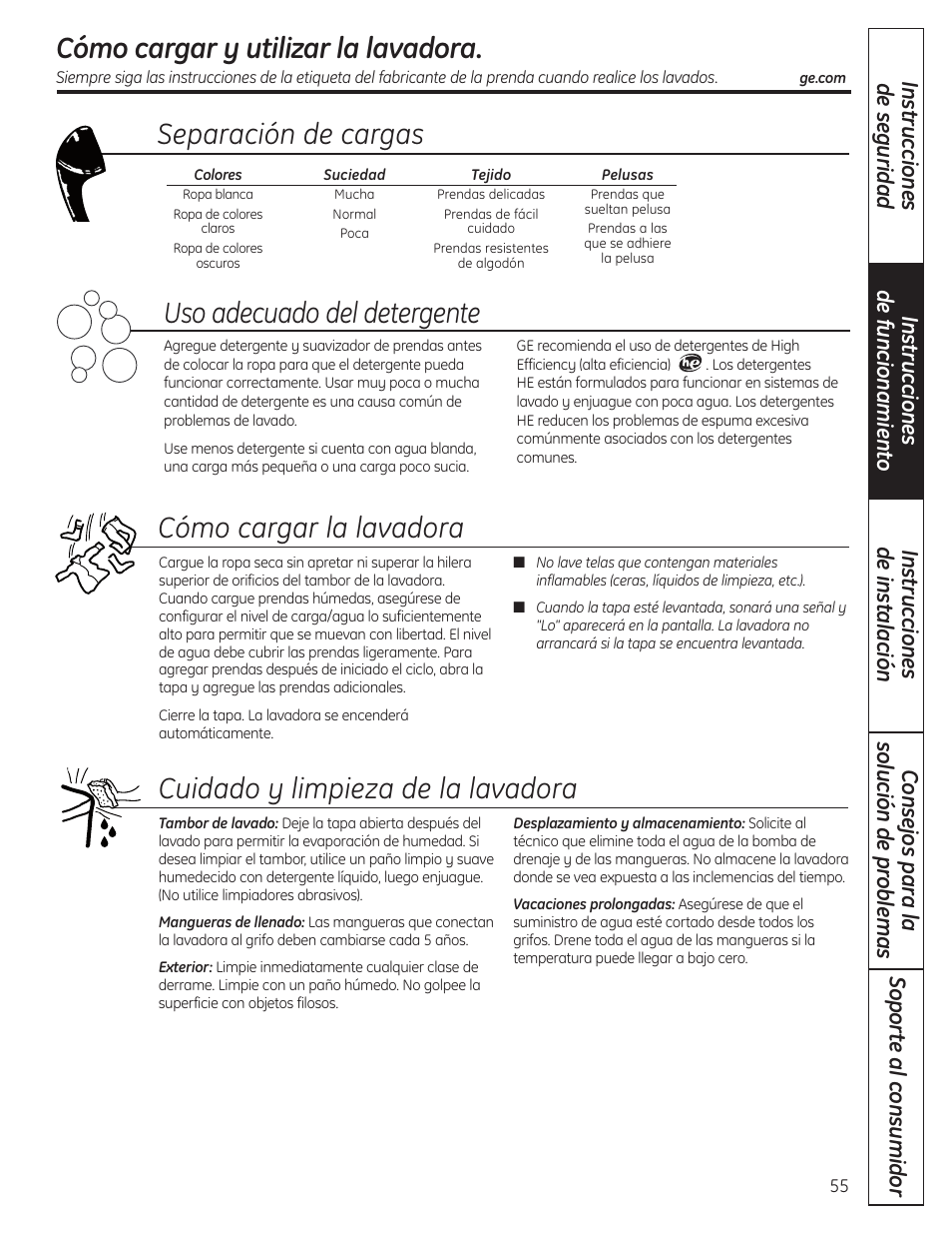 Cómo cargar y utilizar la lavadora, Cómo cargar y utilizar la lavadora , 56, Cómo cargar la lavadora | Cuidado y limpieza de la lavadora, Uso adecuado del detergente, Separación de cargas | GE WSLP1500 User Manual | Page 55 / 72