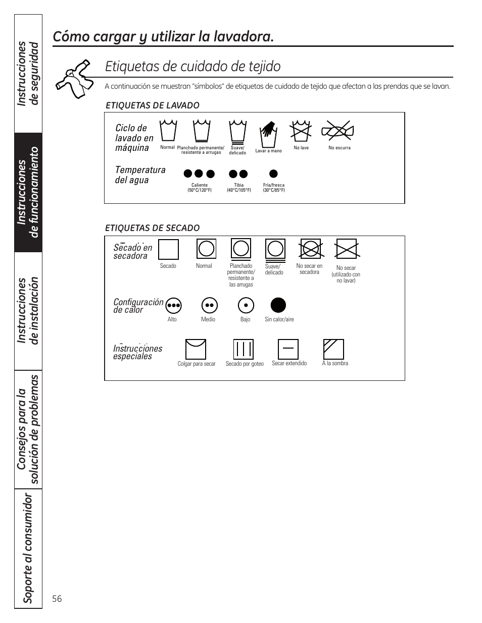 Cómo cargar y utilizar la lavadora, Etiquetas de cuidado de tejido, Ciclo de lavado en máquina | Temperatura del agua, Tumble dry, Heat setting, Special instructions, Secado en secadora, Configuración de calor, Instrucciones especiales | GE WSLP1500 User Manual | Page 56 / 72