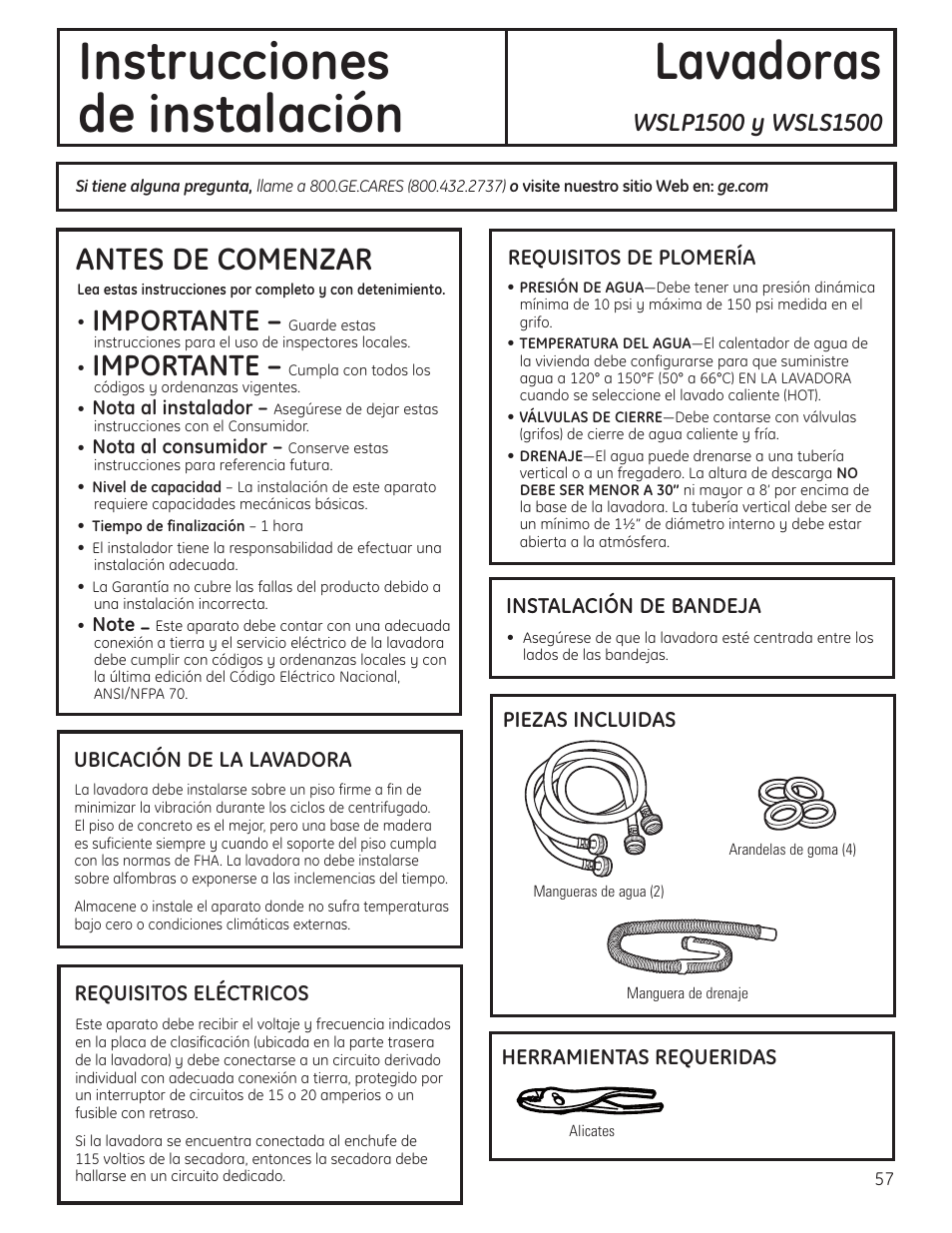 Requisitos de instalación, Instrucciones lavadoras de instalación, Antes de comenzar | Importante | GE WSLP1500 User Manual | Page 57 / 72
