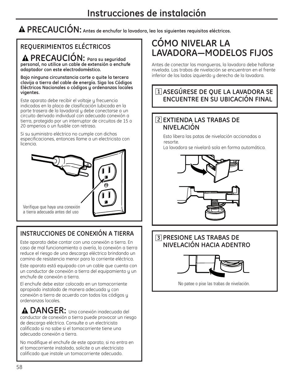 Cómo nivelar la lavadora, Instrucciones de conexión a tierra, Requisitos eléctricos | Instrucciones de instalación, Cómo nivelar la lavadora—modelos fijos, Precaución, Danger | GE WSLP1500 User Manual | Page 58 / 72