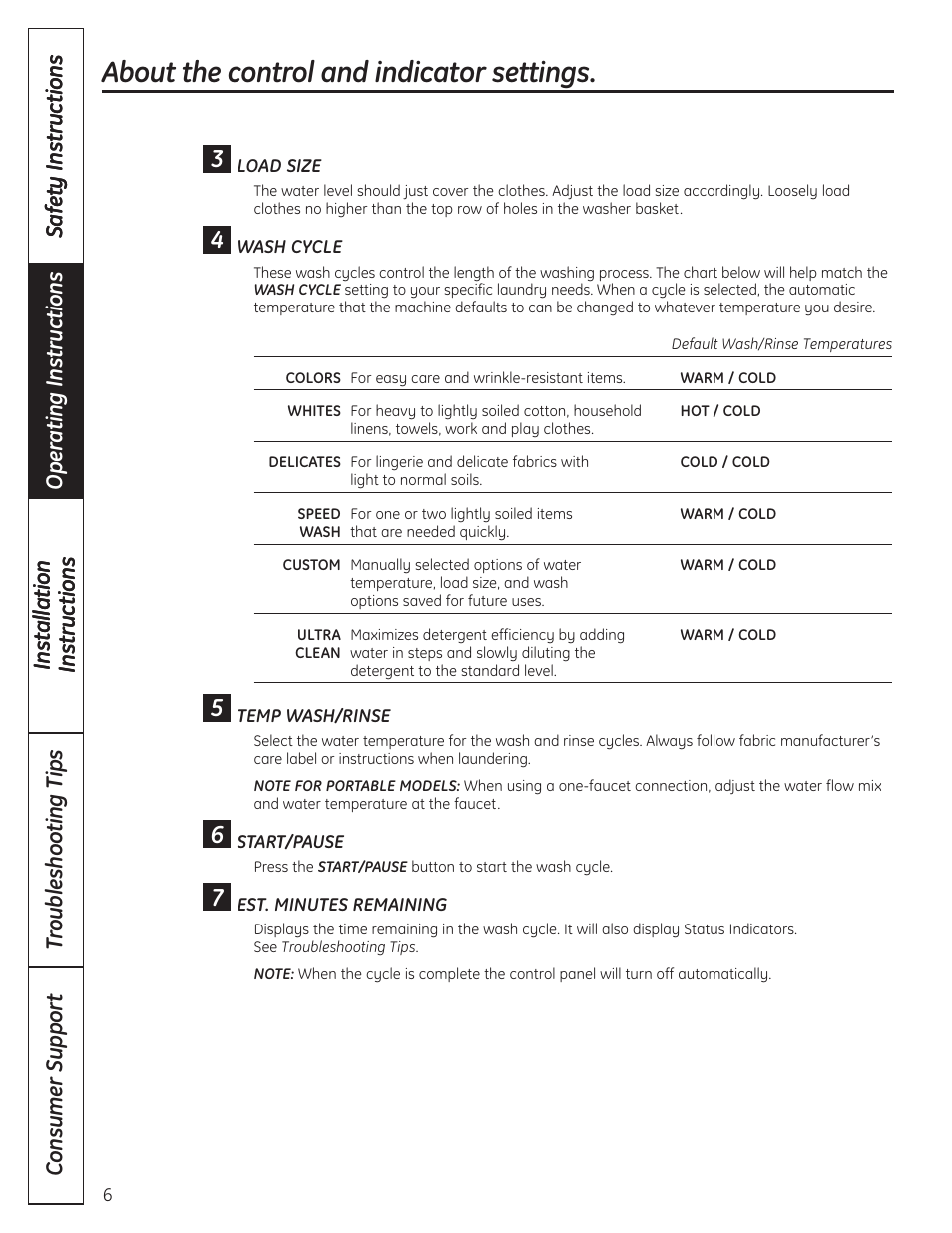 About the control and indicator settings | GE WSLP1500 User Manual | Page 6 / 72