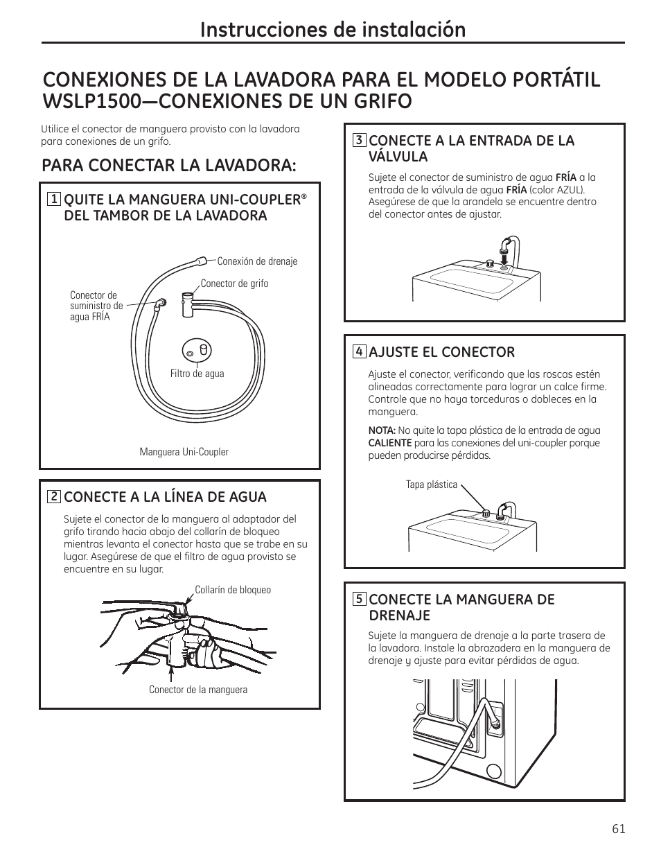 Conexiones de la lavadora para el modelo portátil, Para conectar la lavadora | GE WSLP1500 User Manual | Page 61 / 72