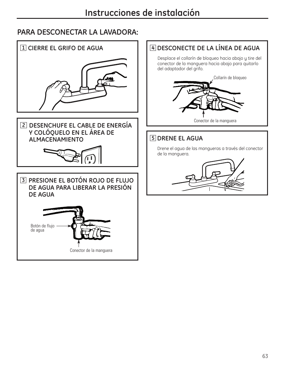 Instrucciones de instalación, Para desconectar la lavadora | GE WSLP1500 User Manual | Page 63 / 72