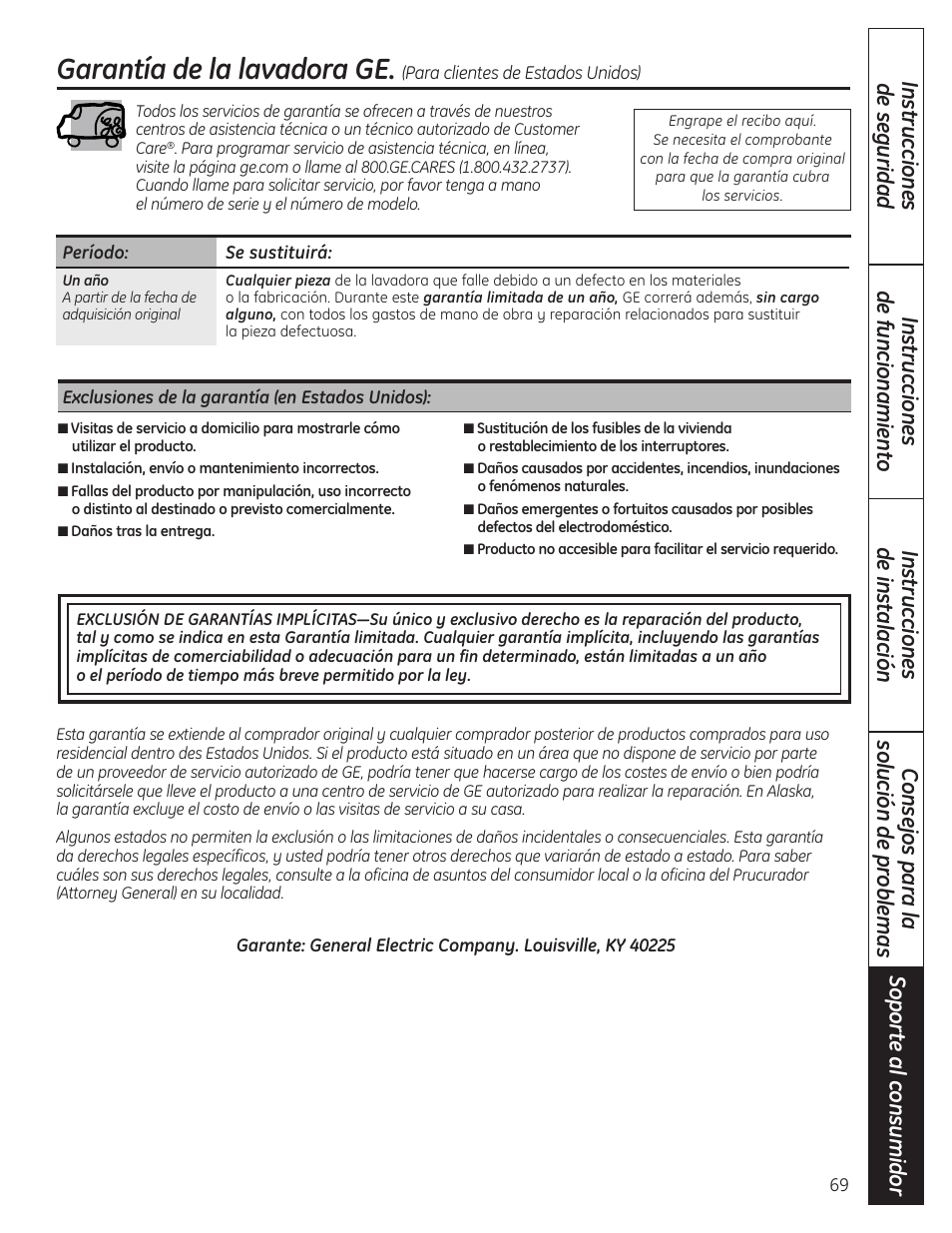 Garantía (ee.uu.), Garantía de la lavadora ge | GE WSLP1500 User Manual | Page 69 / 72