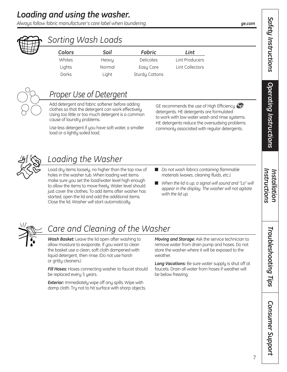Loading and using the washer, Loading and using the washer , 8, Sorting wash loads loading the washer | Care and cleaning of the washer, Proper use of detergent | GE WSLP1500 User Manual | Page 7 / 72