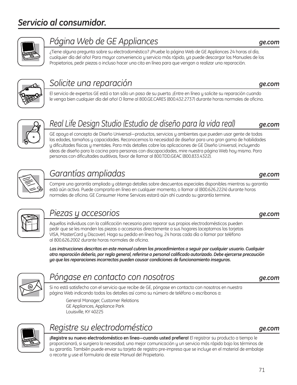 Servicio al consumidor, Solicite una reparación, Garantías ampliadas | Piezas y accesorios, Póngase en contacto con nosotros, Registre su electrodoméstico | GE WSLP1500 User Manual | Page 71 / 72