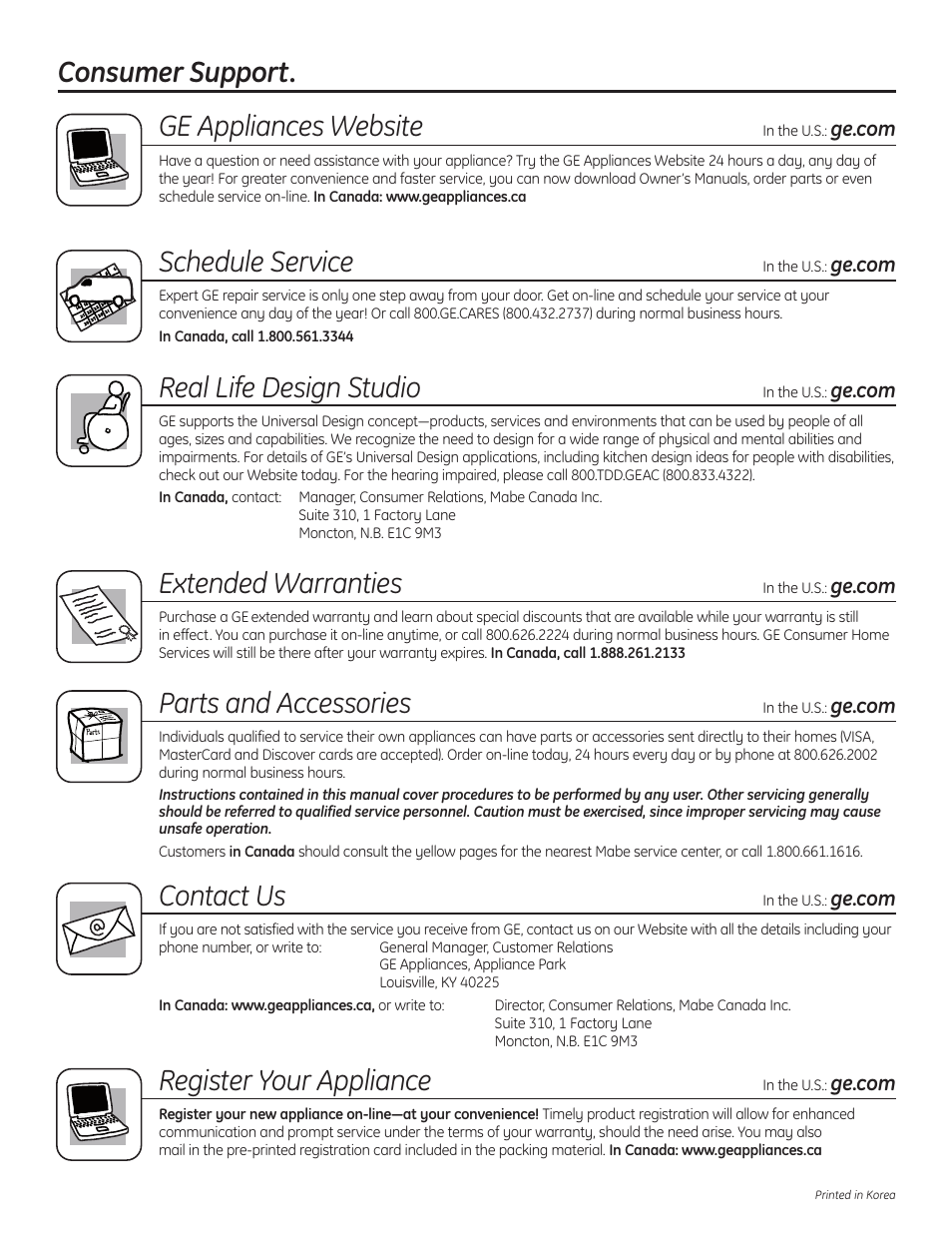 Consumer support, Consumer support . . . . . . . back cover, Consumer support. ge appliances website | Schedule service, Real life design studio, Extended warranties, Parts and accessories, Contact us, Register your appliance | GE WSLP1500 User Manual | Page 72 / 72