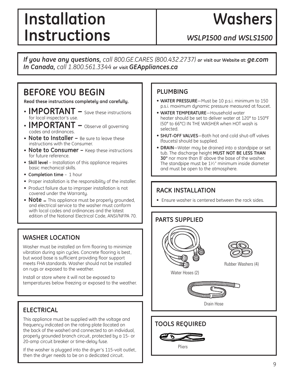 Installation requirements, Installation washers instructions, Before you begin | Important | GE WSLP1500 User Manual | Page 9 / 72