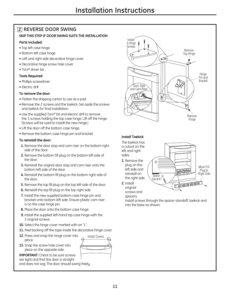 Reversing door swing, Installation instructions, Reverse door swing | GE 197D7188P001 User Manual | Page 11 / 40