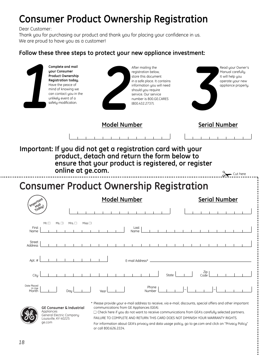 Consumer product ownership registration, Model number serial number | GE 197D7188P001 User Manual | Page 18 / 40