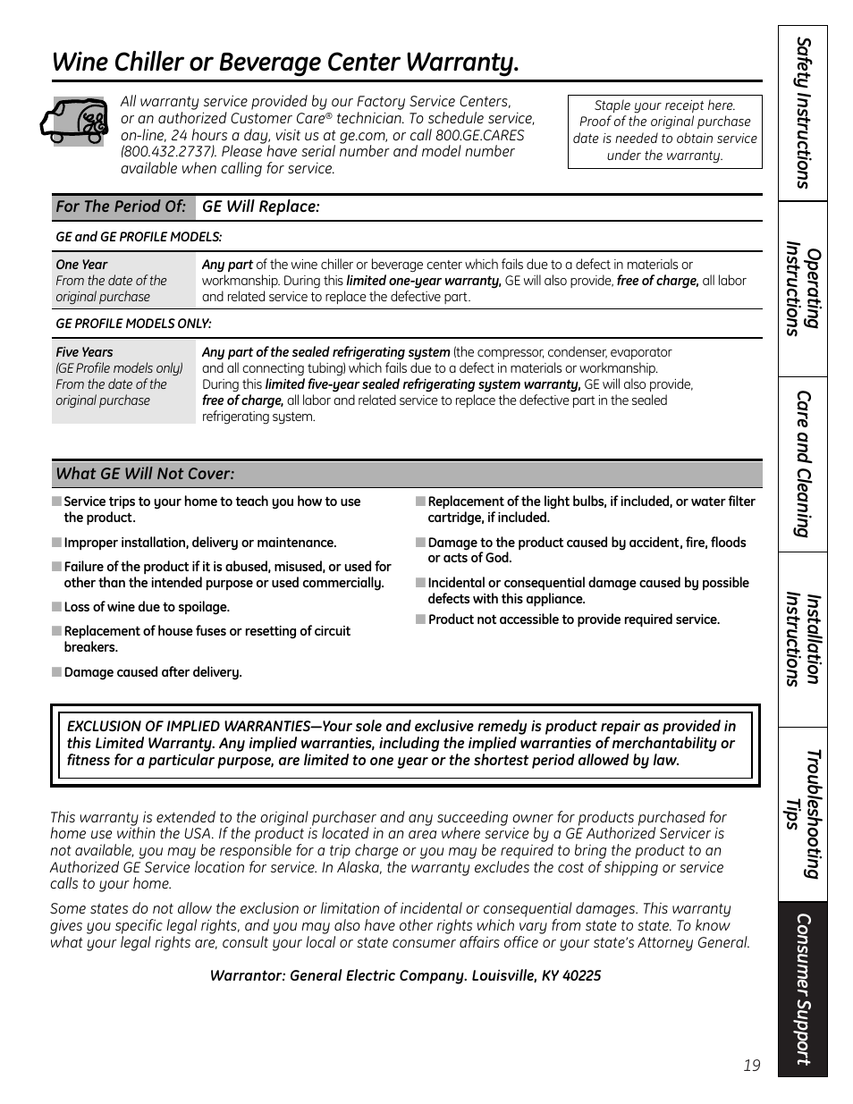 Warranty, Wine chiller or beverage center warranty | GE 197D7188P001 User Manual | Page 19 / 40