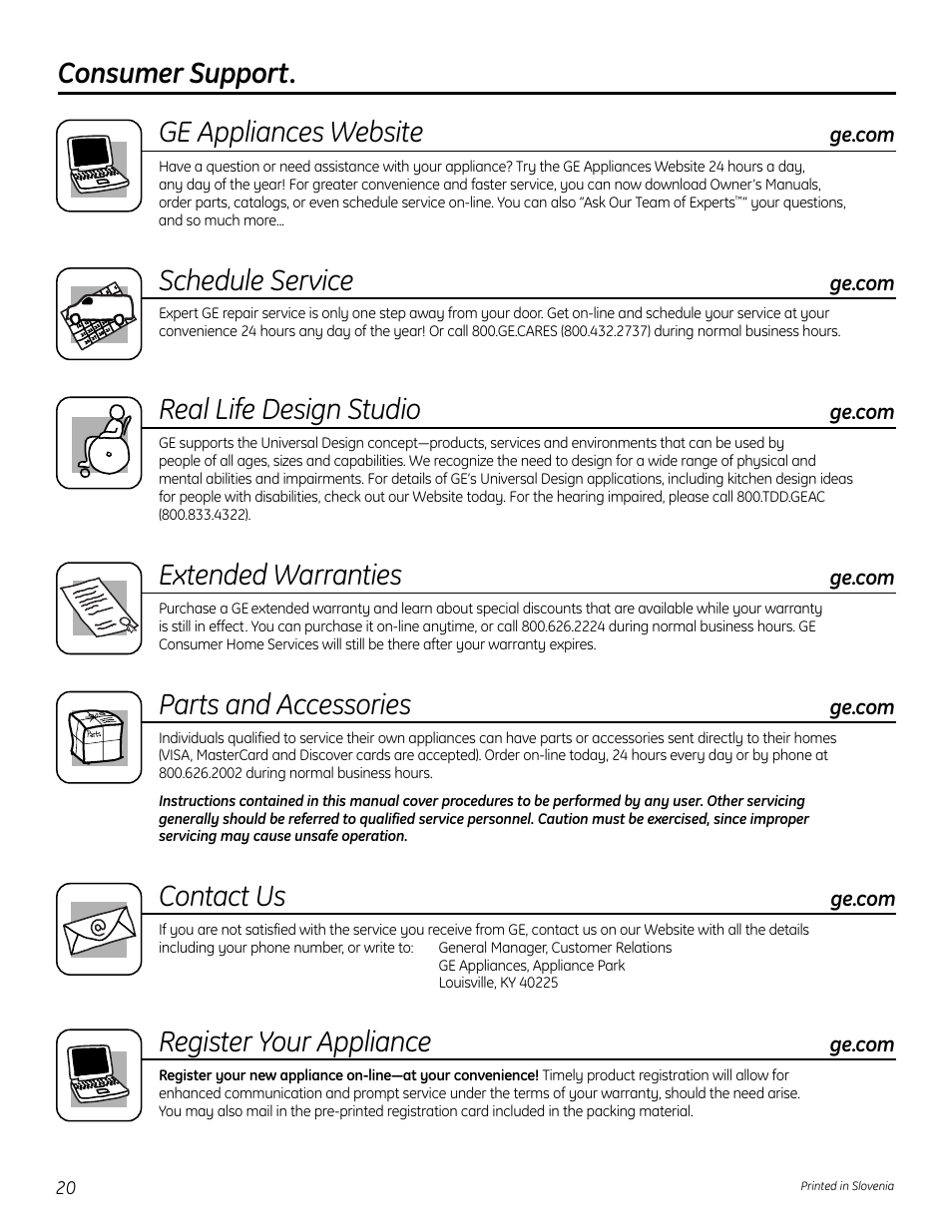 Consumer support, Consumer support. ge appliances website, Schedule service | Real life design studio, Extended warranties, Parts and accessories, Contact us, Register your appliance | GE 197D7188P001 User Manual | Page 20 / 40