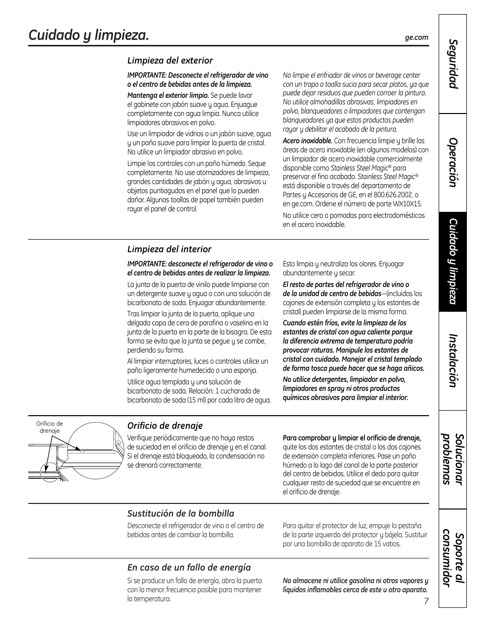 Cuidado y limpieza, Sopor te a l consumidor solucionar pr oblemas, Seguridad operación instalación | GE 197D7188P001 User Manual | Page 27 / 40