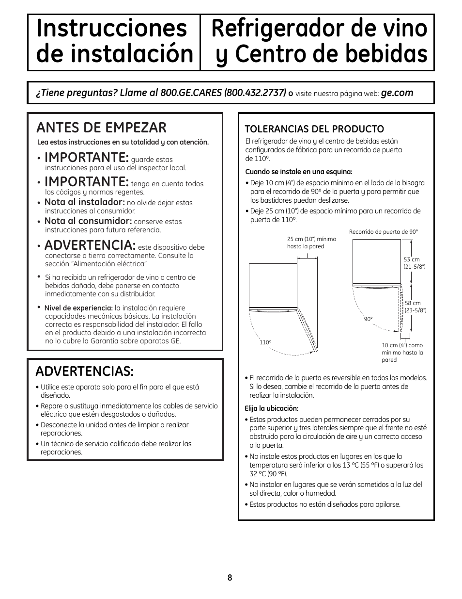 Instrucciones de instalación, Antes de empezar, Importante | Advertencia, Advertencias, Tolerancias del producto | GE 197D7188P001 User Manual | Page 28 / 40