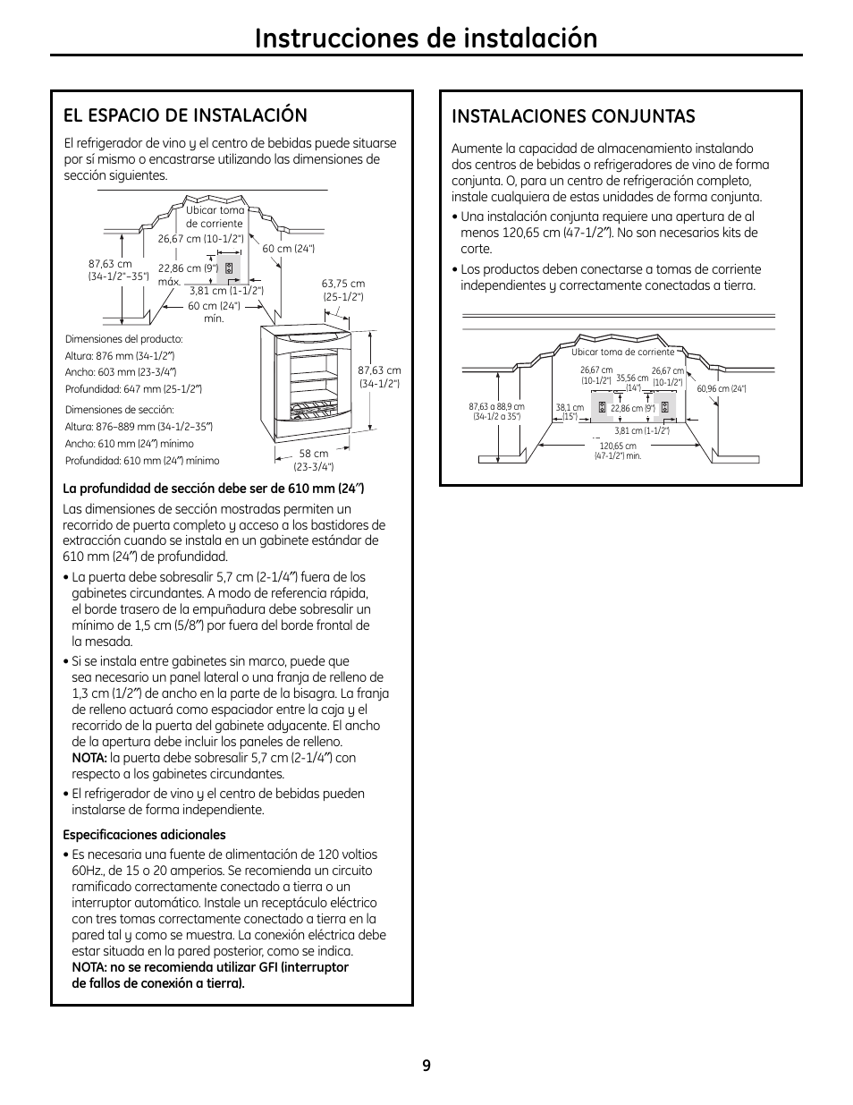 Ubicación, Instrucciones de instalación, El espacio de instalación | Instalaciones conjuntas | GE 197D7188P001 User Manual | Page 29 / 40