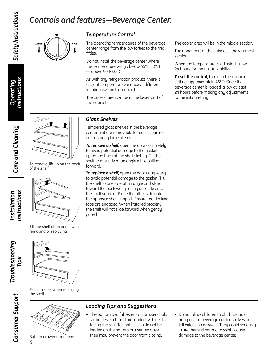 Glass shelves, Loading tips and suggestions, Temperature control | Controls and features—beverage center | GE 197D7188P001 User Manual | Page 4 / 40