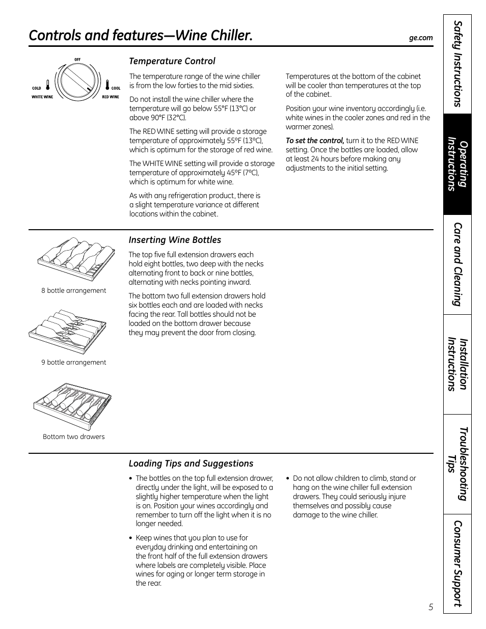 Inserting wine bottles, Loading tips and suggestions, Temperature control | Controls and features—wine chiller | GE 197D7188P001 User Manual | Page 5 / 40