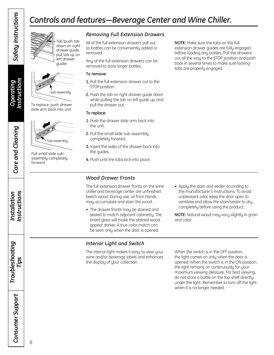 Interior light and switch, Removing full extension drawers, Wood drawer fronts | GE 197D7188P001 User Manual | Page 6 / 40