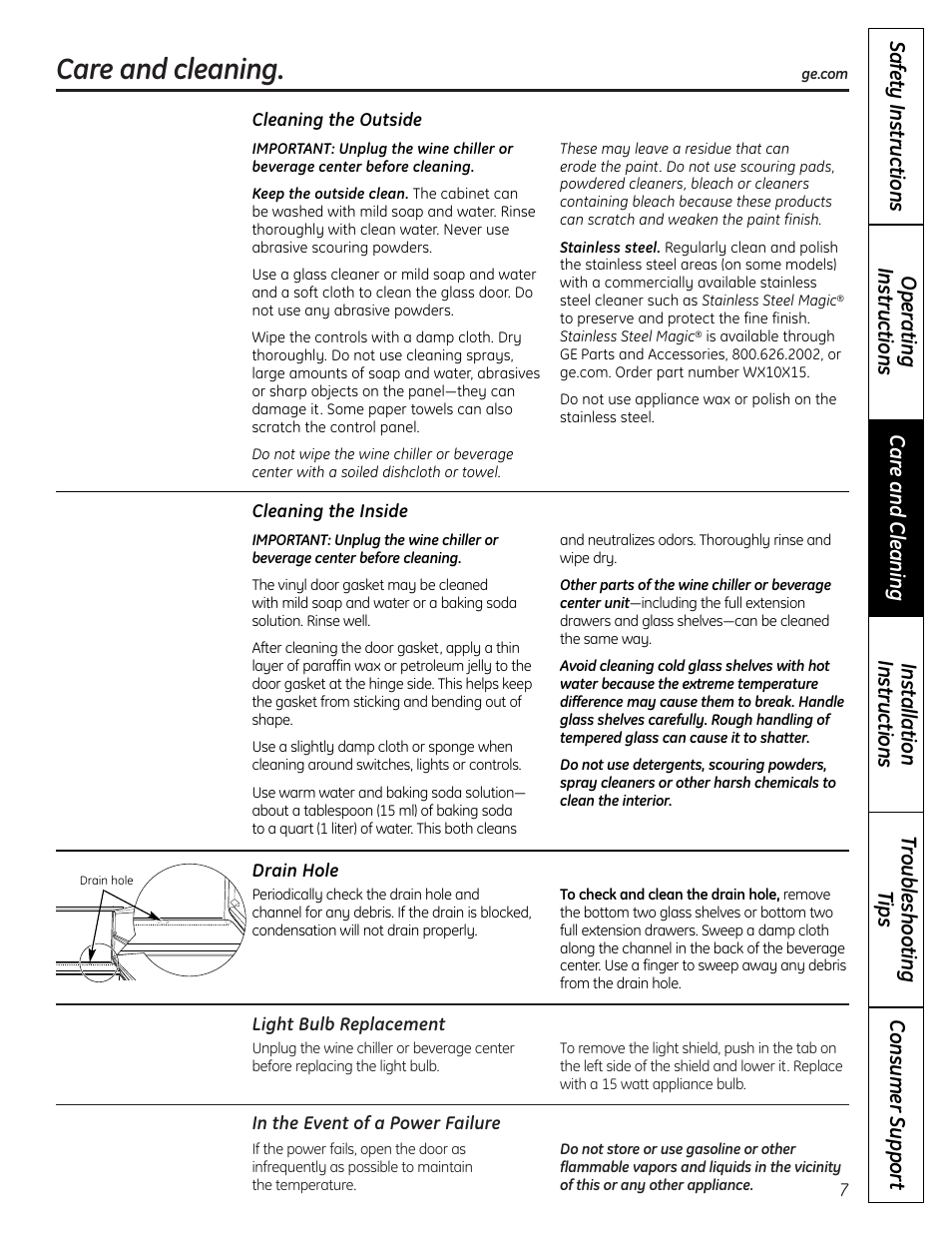 Care and cleaning | GE 197D7188P001 User Manual | Page 7 / 40