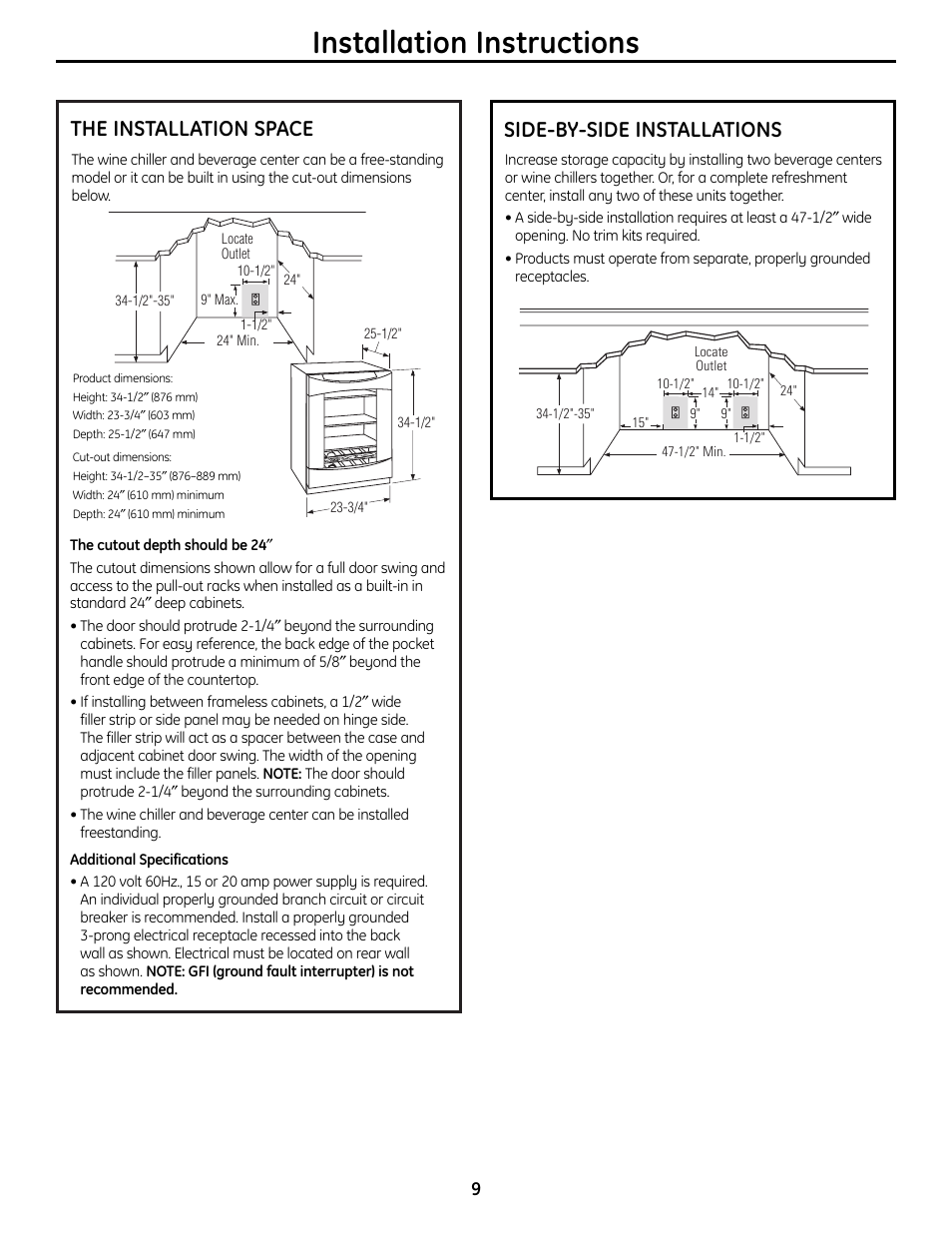 Location, Installation instructions, The installation space | Side-by-side installations | GE 197D7188P001 User Manual | Page 9 / 40