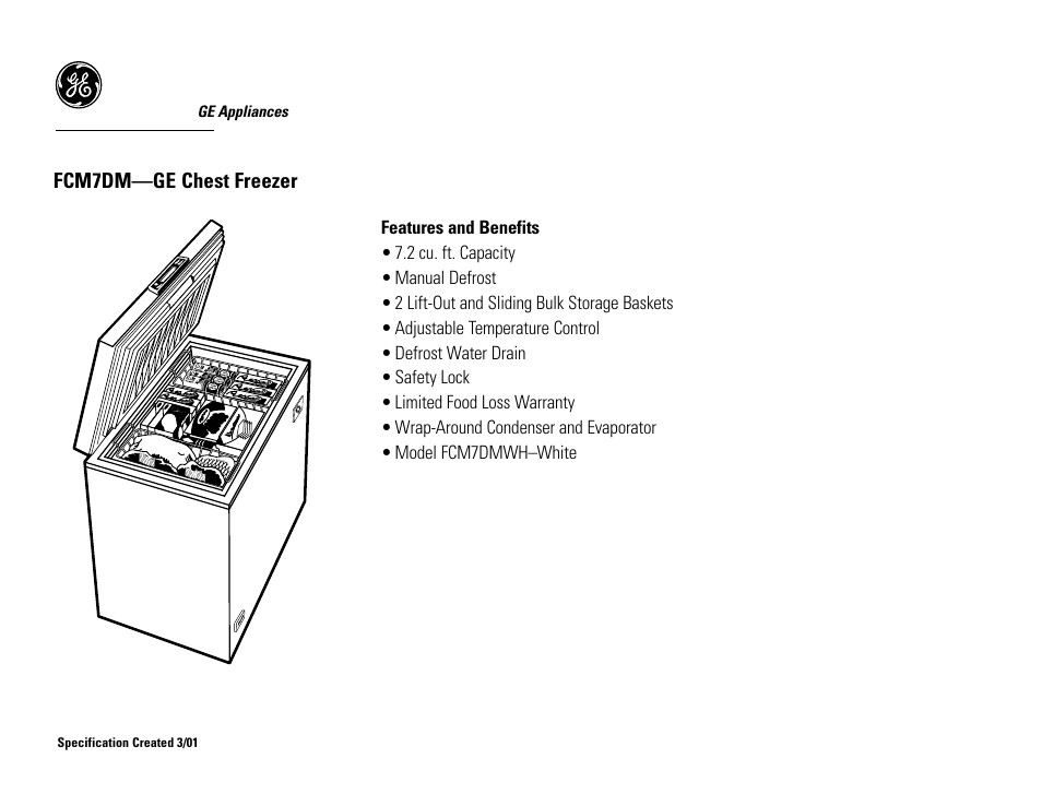 Fcm7dm—ge chest freezer | GE FCM7DM User Manual | Page 2 / 2