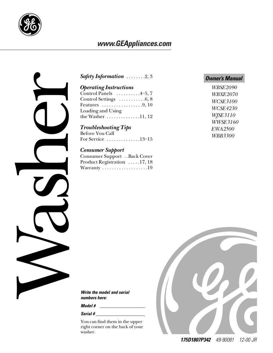 GE EWA2500 User Manual | 20 pages