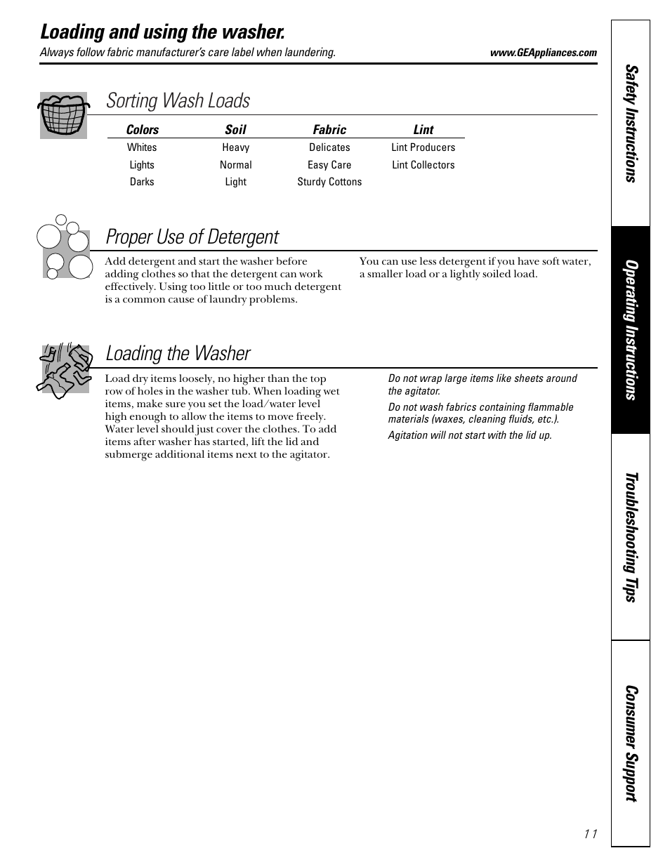 Loading and using the washer, Loading and using, The washer , 12 | Sorting wash loads proper use of detergent, Loading the washer | GE EWA2500 User Manual | Page 11 / 20