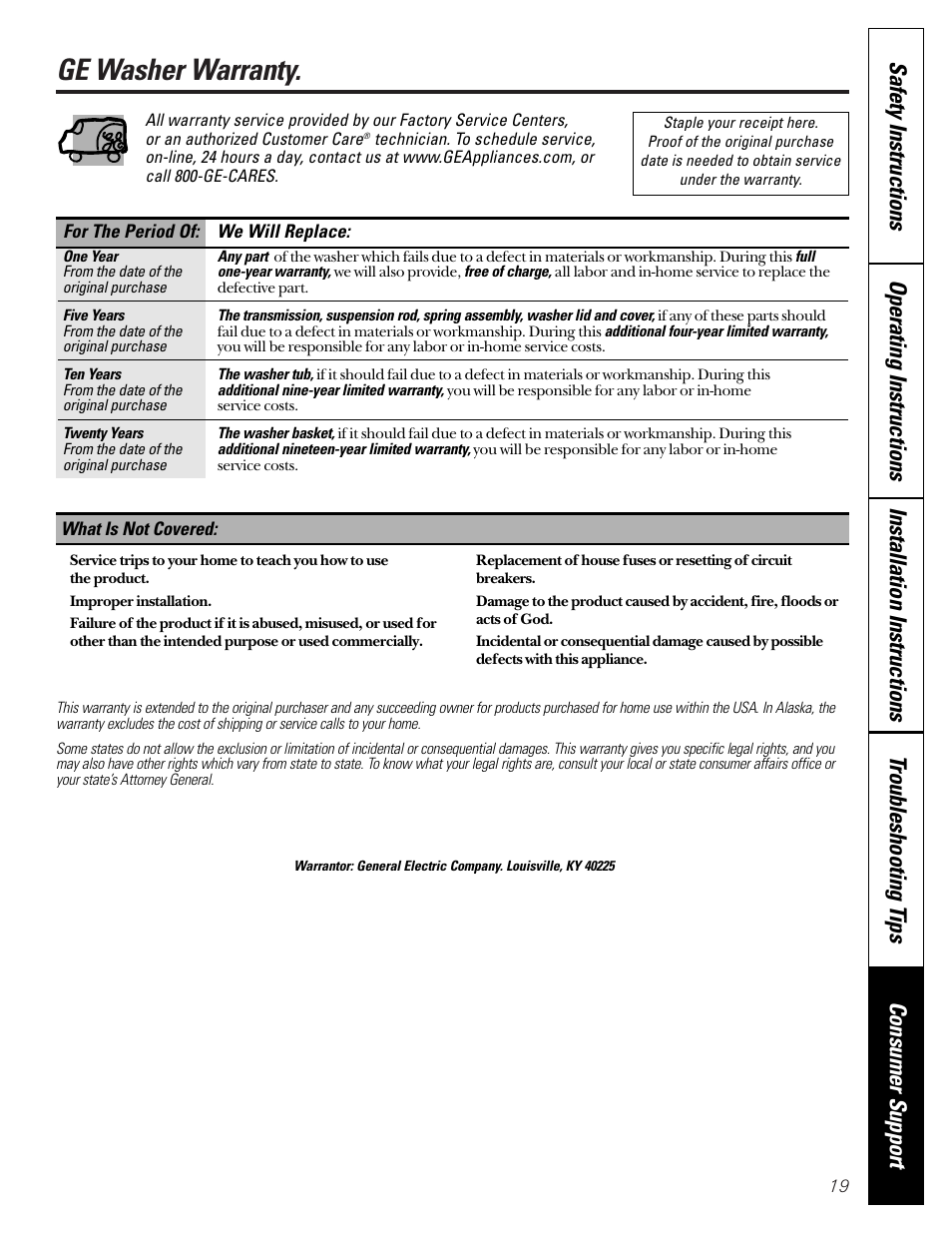 Warranty, Ge washer warranty | GE EWA2500 User Manual | Page 19 / 20