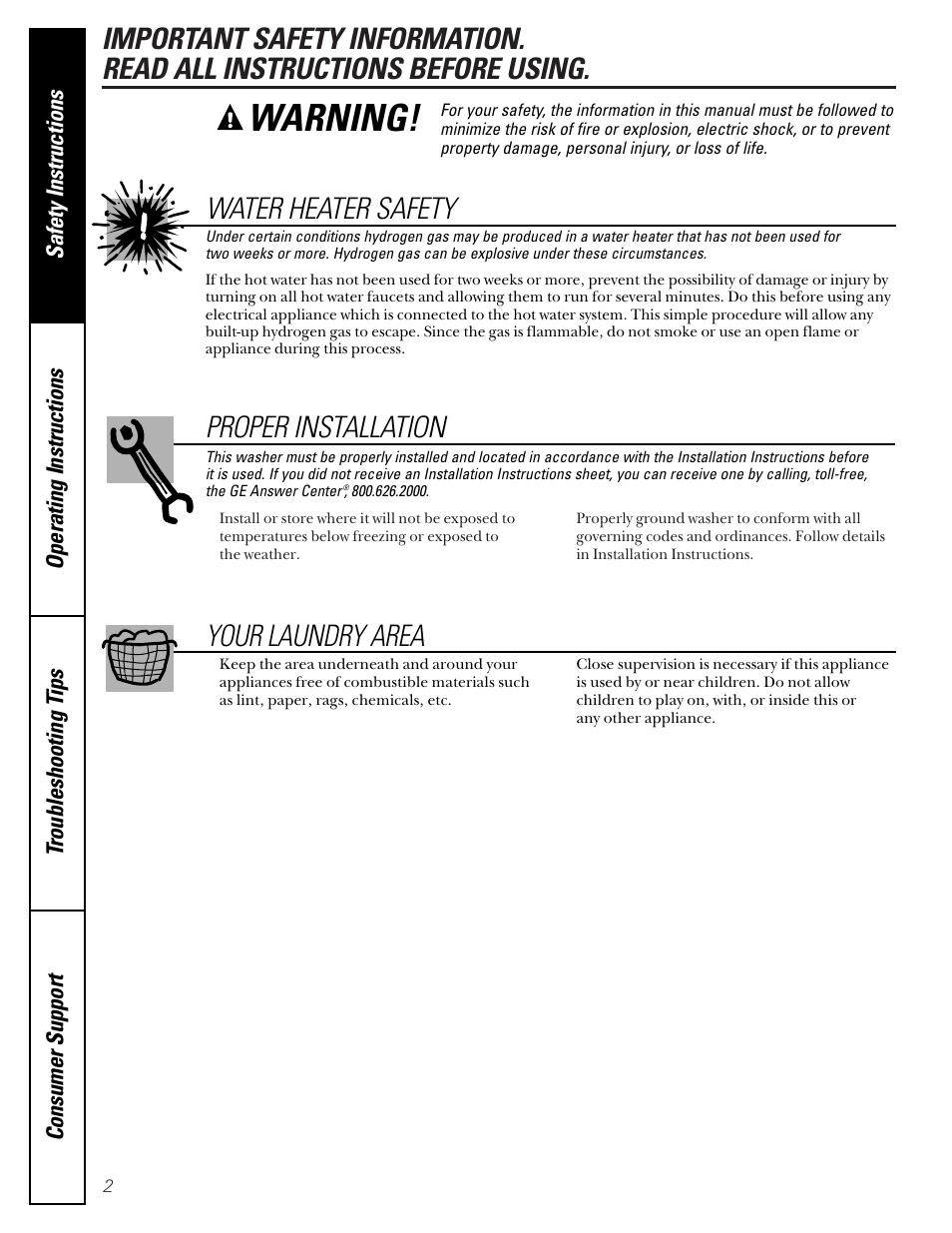 Safety information, Warning, Water heater safety | Proper installation, Your laundry area | GE EWA2500 User Manual | Page 2 / 20