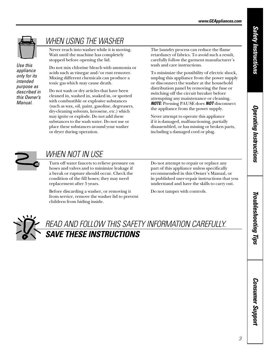 When using the washer | GE EWA2500 User Manual | Page 3 / 20