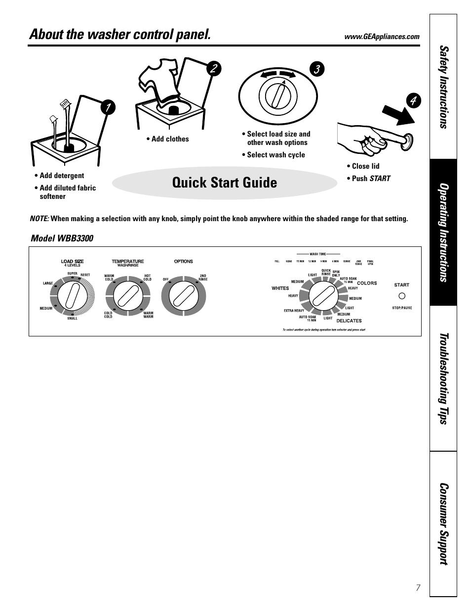 About the washer control panel, Quick start guide | GE EWA2500 User Manual | Page 7 / 20