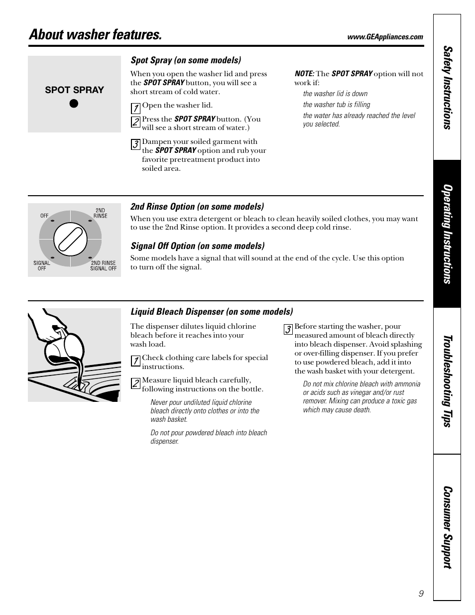 Features, Features , 10, About washer features | GE EWA2500 User Manual | Page 9 / 20