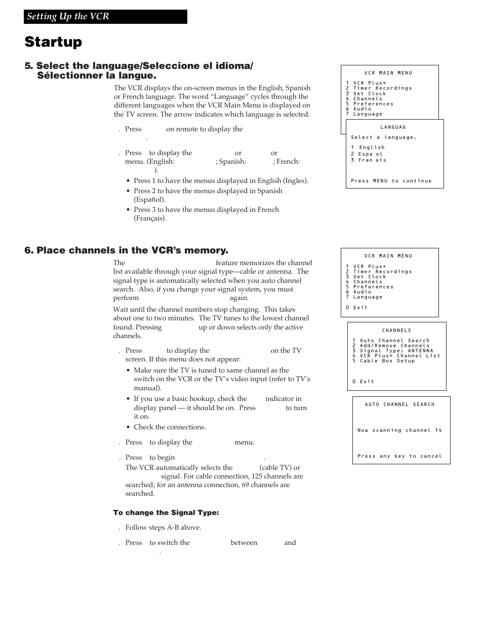 Startup, Setting up the vcr | GE VG4258 User Manual | Page 10 / 44