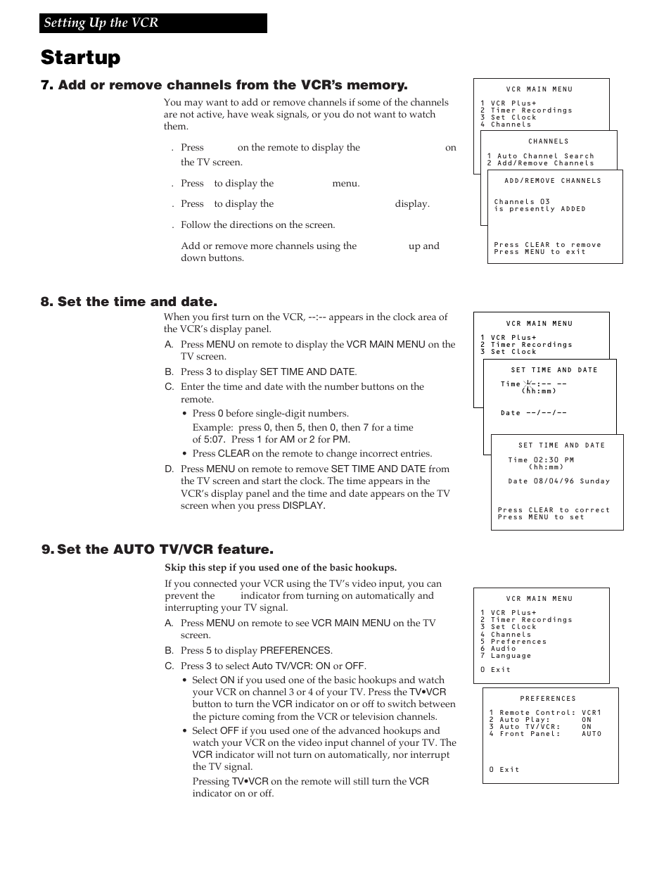 Startup, 9setting up the vcr, Set the time and date | Set the auto tv/vcr feature | GE VG4258 User Manual | Page 11 / 44