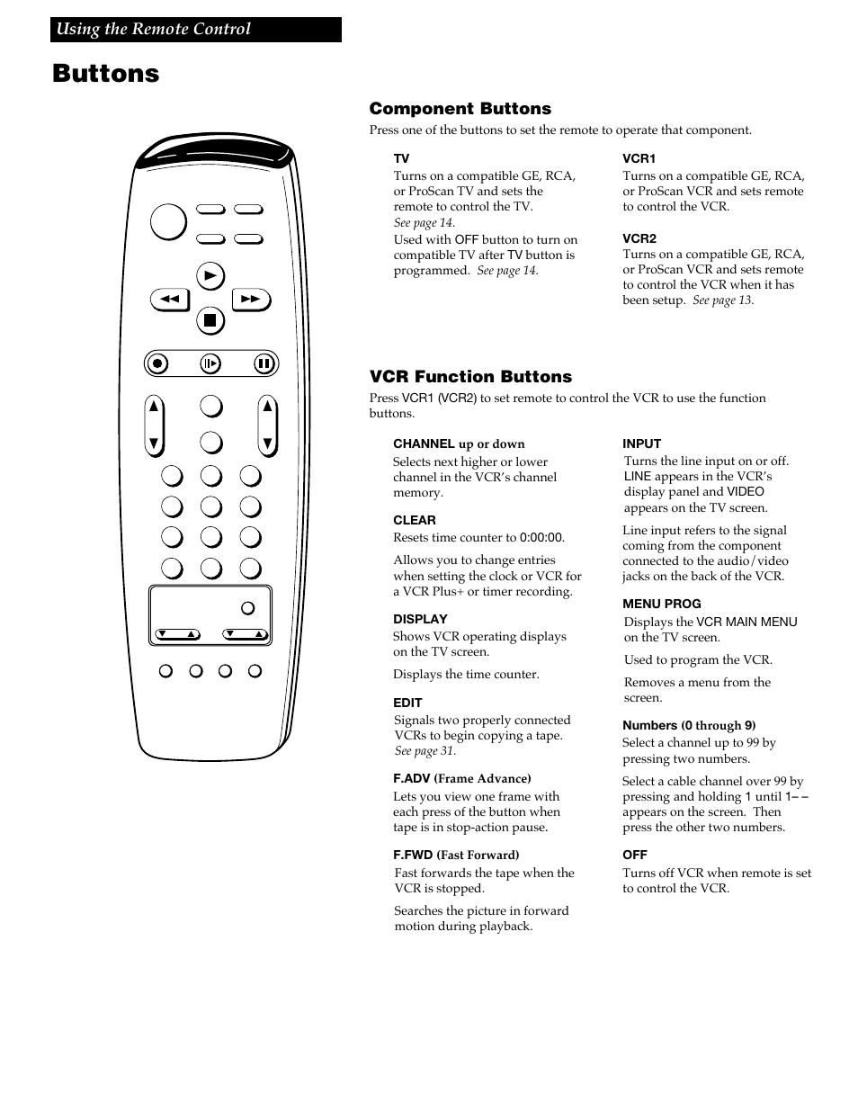 Using the remote control, Buttons, 11 using the remote control | Component buttons, Vcr function buttons | GE VG4258 User Manual | Page 13 / 44
